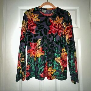 Petit Pois by Viviana G. Floral Print Burnout Long Sleeve Sheer Shirt Blouse Top